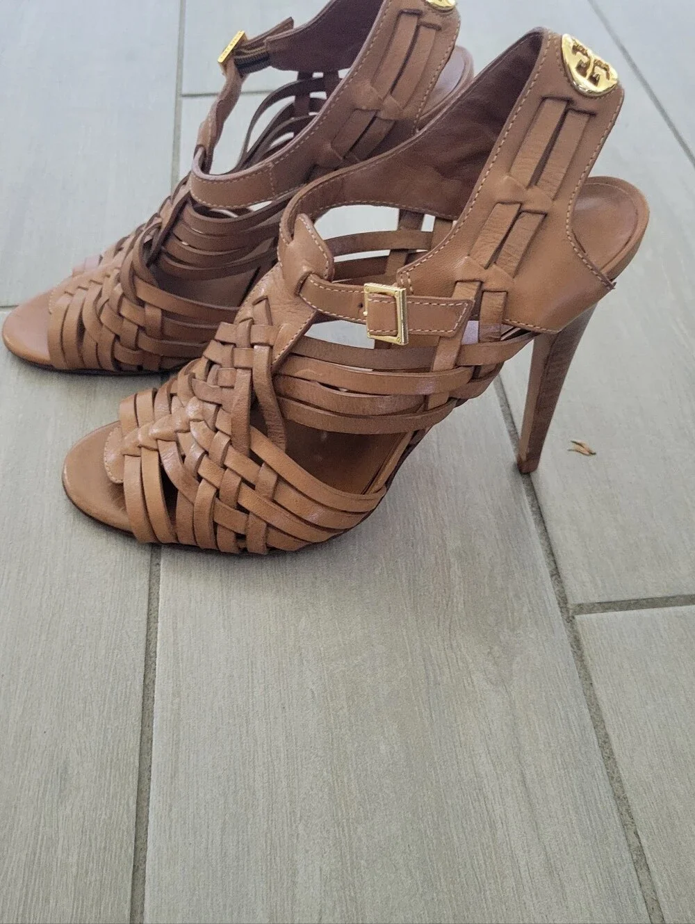 Tory Burch Tan Leather Logo High Heel Sandals with Gold Emblem Size 8
